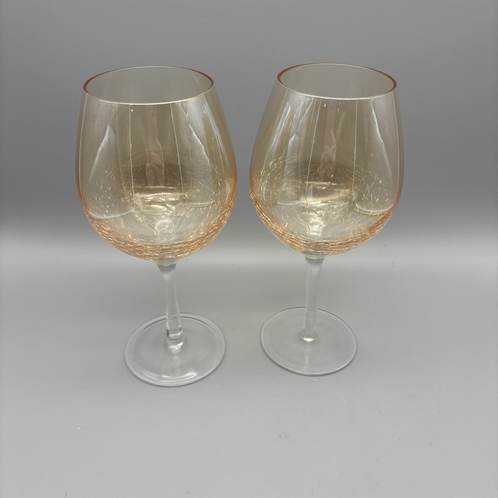 PIER 1 AMBER GOLDEN LUSTER CRACKLE WINE BALLOON STEM/GOBLETS 8.5" Set of 2